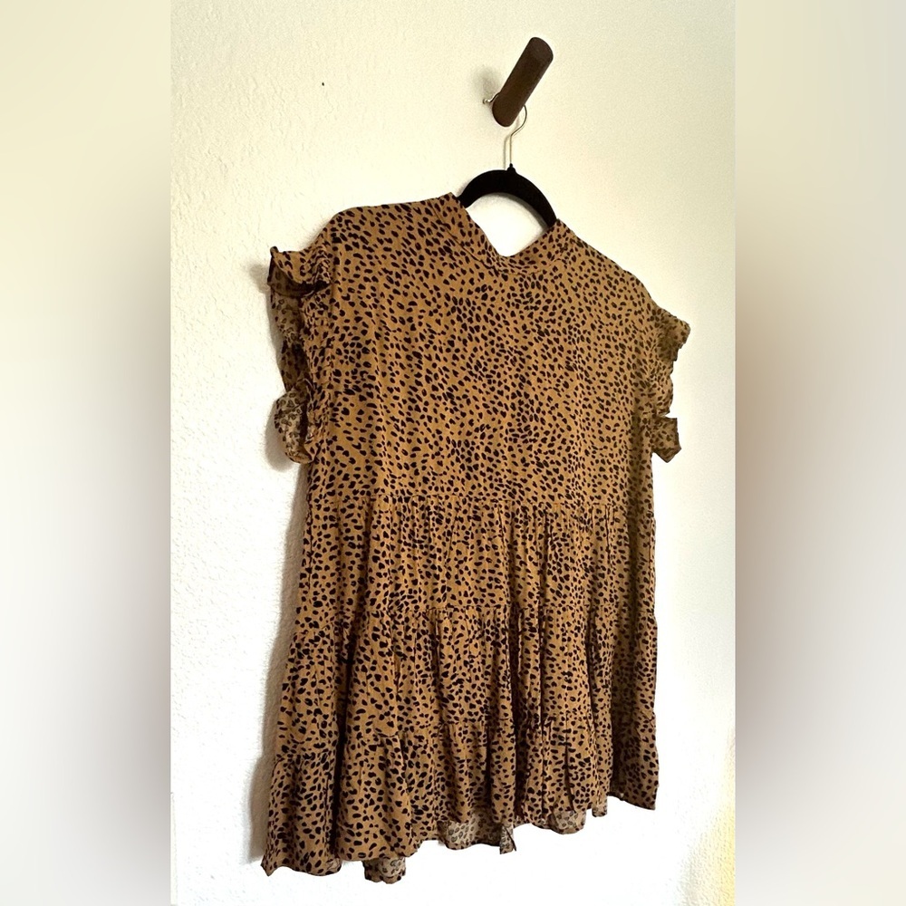 TAN & BLACK Leopard Print Tiered Babydoll Ruffle Cap Sleeves Boho Peplum Blouse - Picture 6 of 14